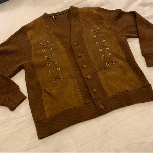 Vintage Oversized Knit Cardigan Sweater with Suede Panels and Lace Up Detail - Picture 14 of 16